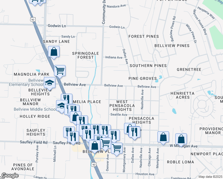 map of restaurants, bars, coffee shops, grocery stores, and more near 6350 Denver Avenue in Pensacola