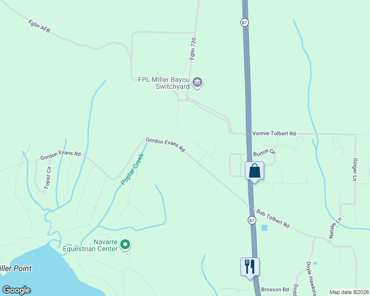 map of restaurants, bars, coffee shops, grocery stores, and more near 7312 Gordon Evans Road in Navarre