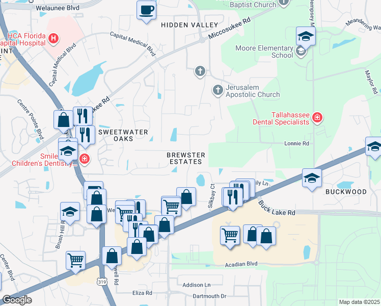 map of restaurants, bars, coffee shops, grocery stores, and more near 4243a Brewster Road in Tallahassee