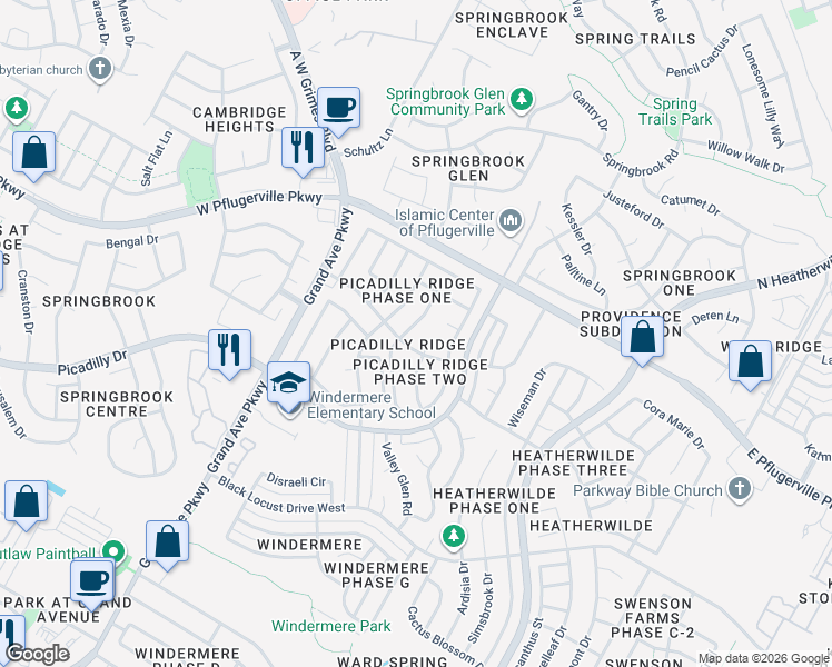 map of restaurants, bars, coffee shops, grocery stores, and more near 17423 Rannoch Drive in Pflugerville