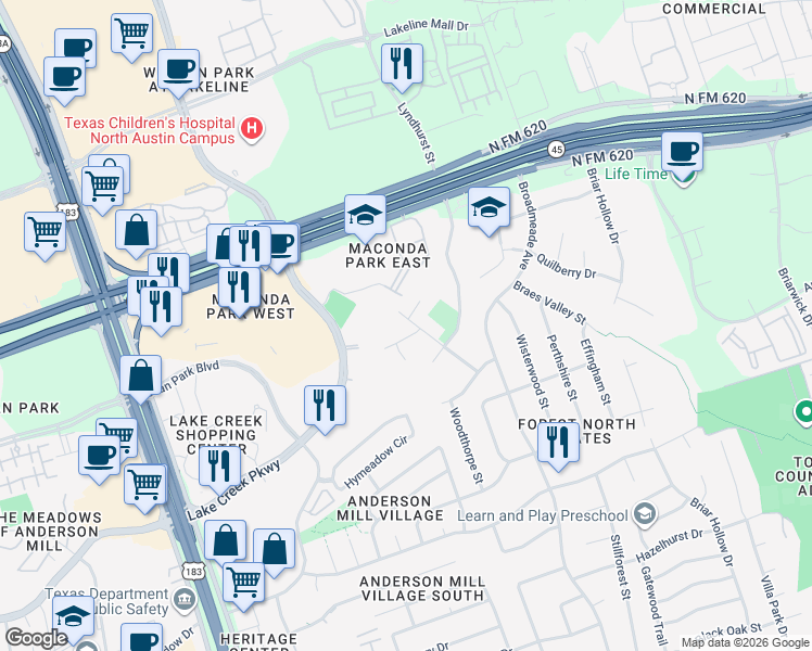map of restaurants, bars, coffee shops, grocery stores, and more near 10001 Parliament House Road in Austin