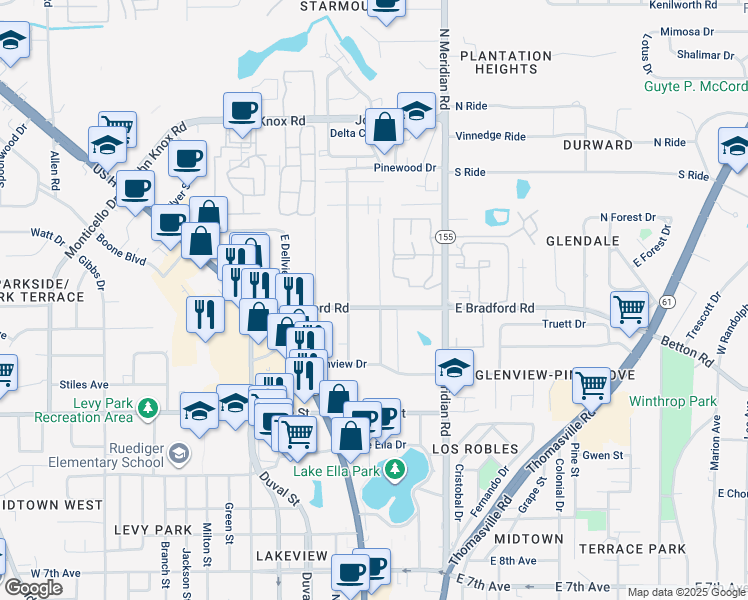 map of restaurants, bars, coffee shops, grocery stores, and more near 2002 Greenwood Drive in Tallahassee
