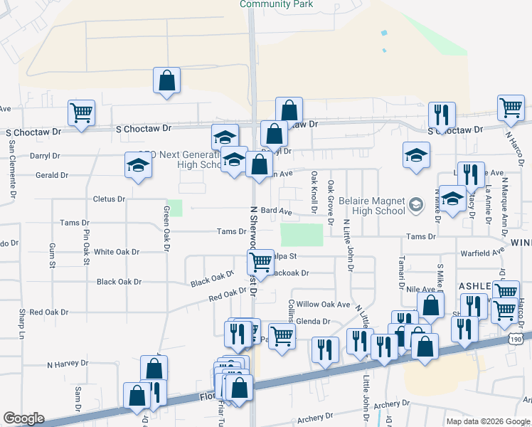 map of restaurants, bars, coffee shops, grocery stores, and more near 11352 Bard Avenue in Baton Rouge
