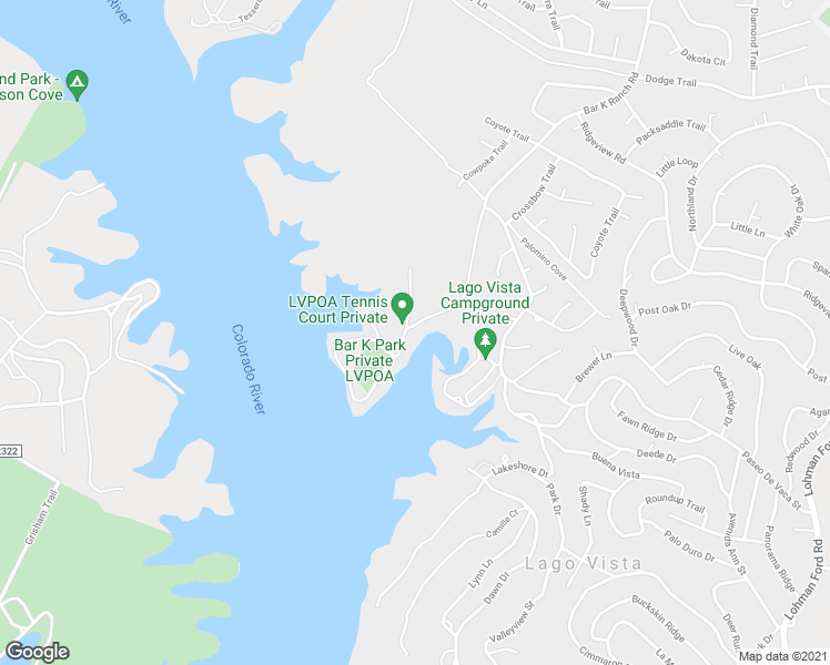 map of restaurants, bars, coffee shops, grocery stores, and more near 6701 Bar K Ranch Road in Lago Vista