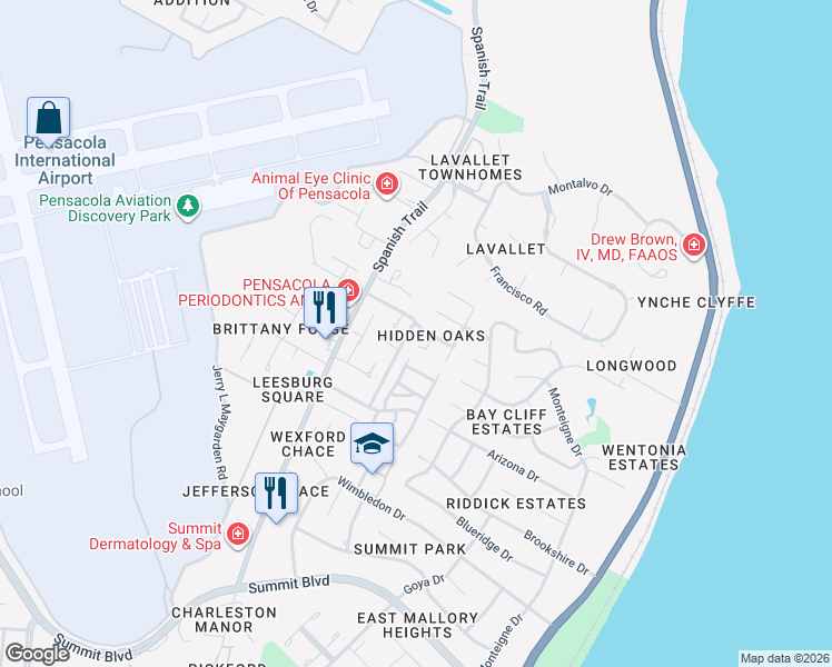 map of restaurants, bars, coffee shops, grocery stores, and more near 3301 New Hope Road in Pensacola