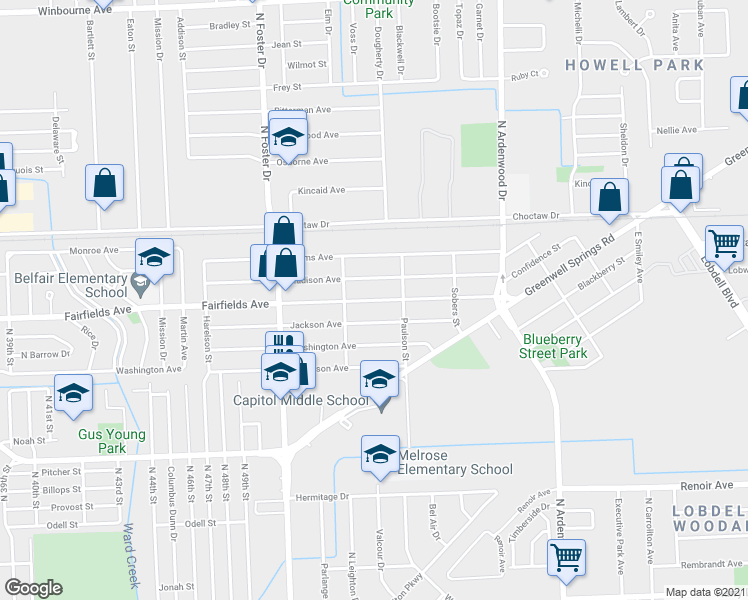 map of restaurants, bars, coffee shops, grocery stores, and more near 5353 Fairfields Avenue in Baton Rouge