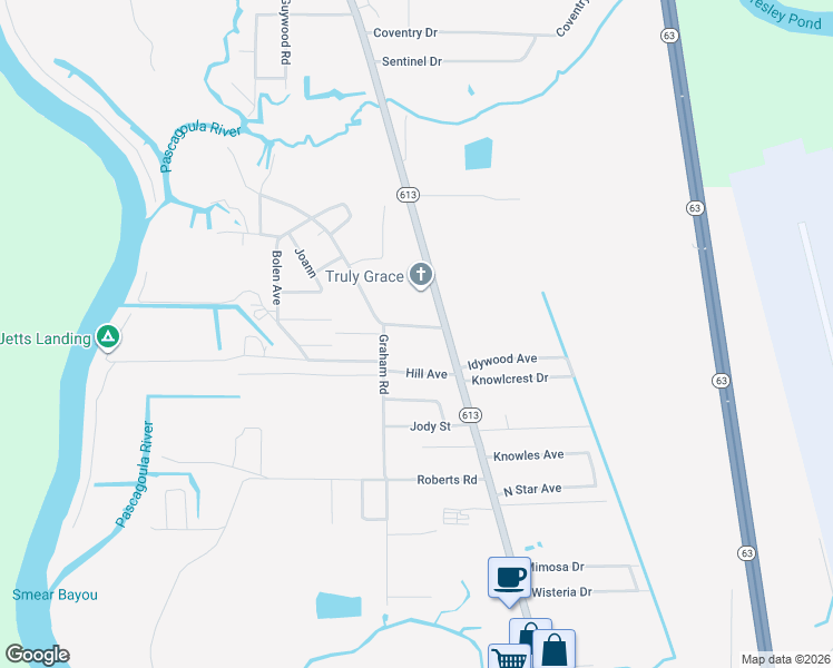 map of restaurants, bars, coffee shops, grocery stores, and more near 3898 Braddock Avenue in Moss Point