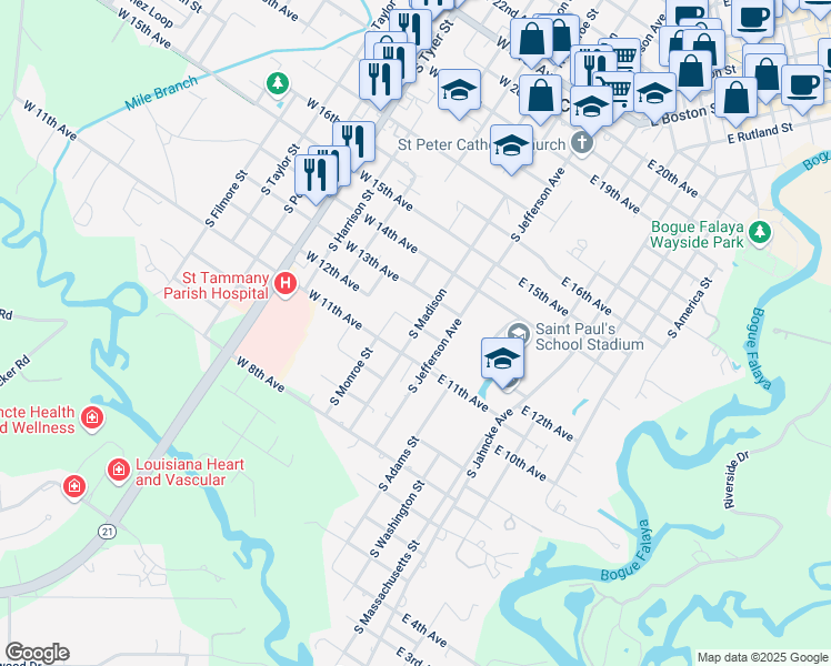 map of restaurants, bars, coffee shops, grocery stores, and more near 1009 South Madison Street in Covington