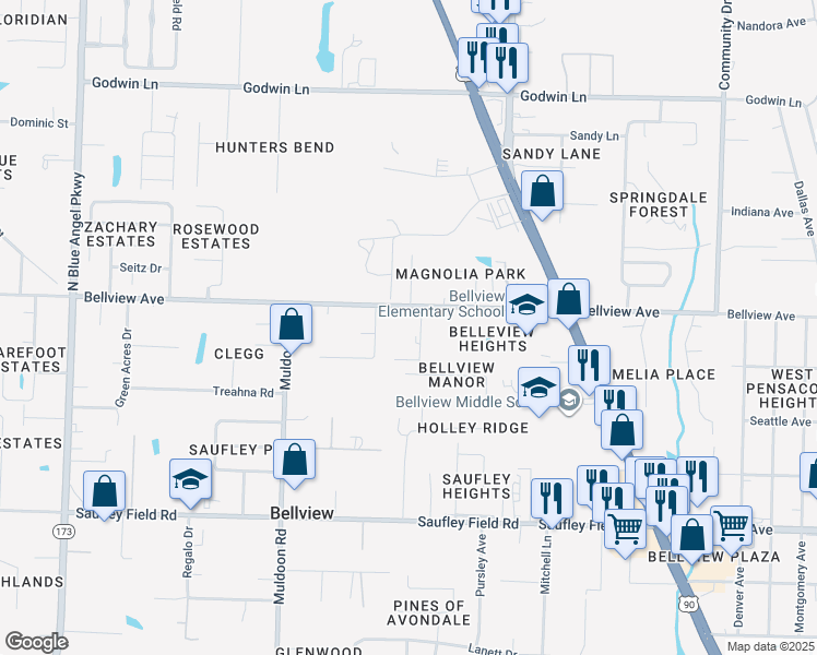 map of restaurants, bars, coffee shops, grocery stores, and more near 6397 Cotton Road in Pensacola