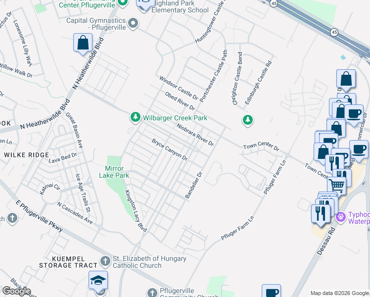 map of restaurants, bars, coffee shops, grocery stores, and more near 1009 Craters of the Moon Boulevard in Pflugerville