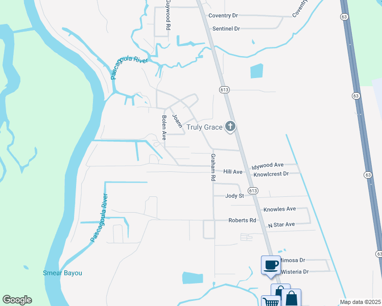 map of restaurants, bars, coffee shops, grocery stores, and more near 3701 Shane Drive in Moss Point