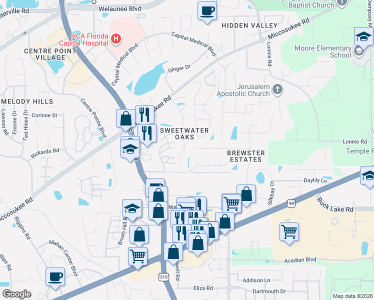 map of restaurants, bars, coffee shops, grocery stores, and more near 1730 River Birch Hollow in Tallahassee