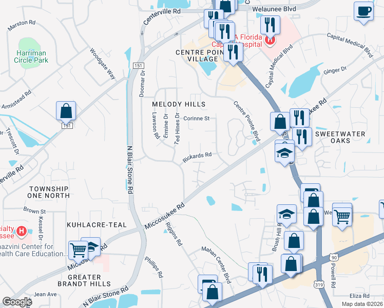 map of restaurants, bars, coffee shops, grocery stores, and more near 2012 Rickards Road in Tallahassee