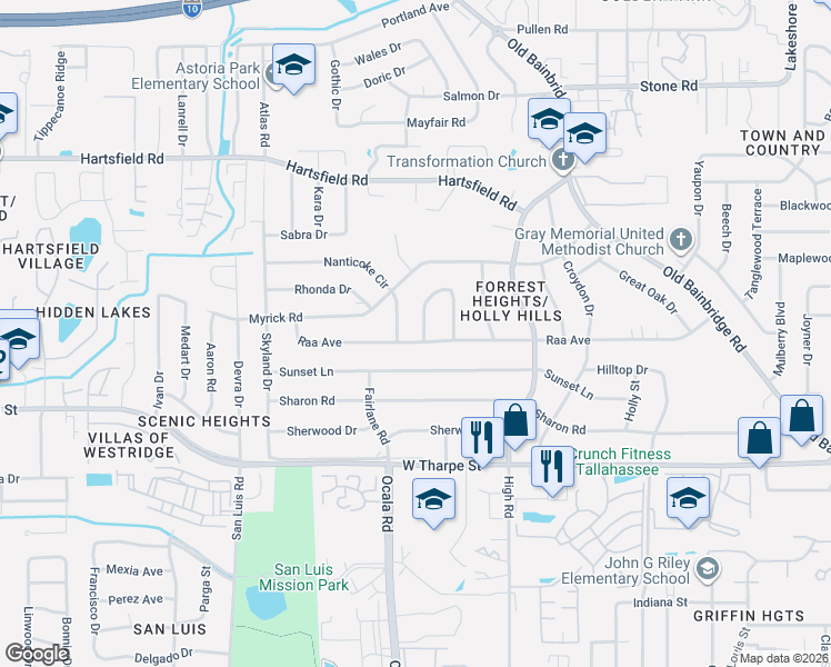 map of restaurants, bars, coffee shops, grocery stores, and more near 1810 Raa Avenue in Tallahassee
