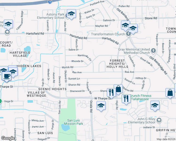 map of restaurants, bars, coffee shops, grocery stores, and more near 1904 Raa Avenue in Tallahassee