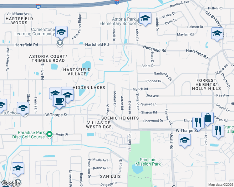 map of restaurants, bars, coffee shops, grocery stores, and more near 1824 Aaron Road in Tallahassee
