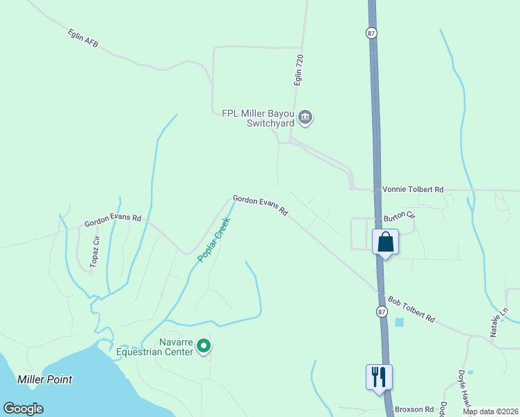 map of restaurants, bars, coffee shops, grocery stores, and more near 6867 Gordon Evans Road in Navarre