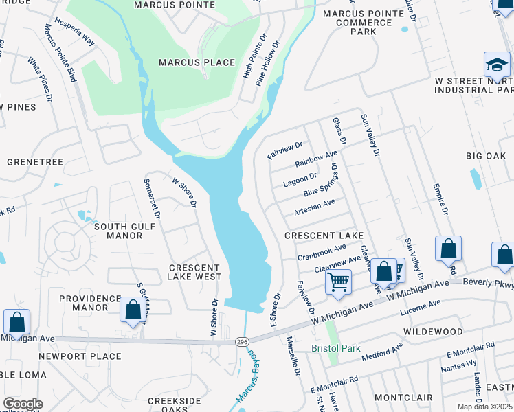 map of restaurants, bars, coffee shops, grocery stores, and more near 930 Blue Springs Drive in Pensacola