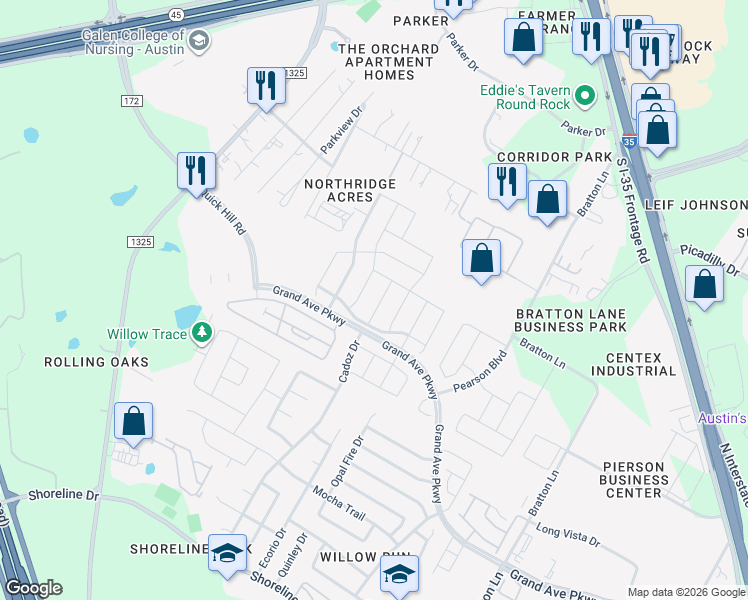 map of restaurants, bars, coffee shops, grocery stores, and more near 16024 Hawthorne Heights Trail in Austin