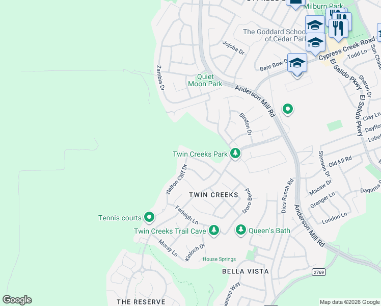 map of restaurants, bars, coffee shops, grocery stores, and more near 2300 Aldworth Drive in Cedar Park