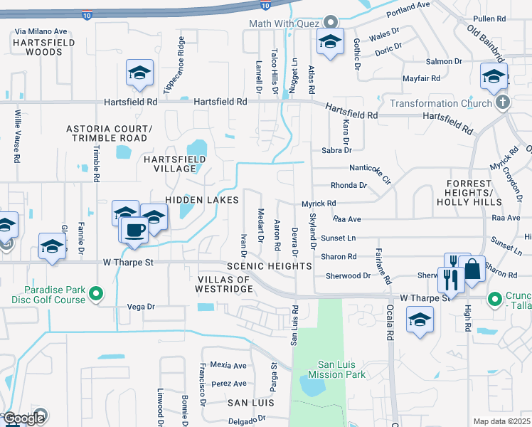 map of restaurants, bars, coffee shops, grocery stores, and more near 1824 Aaron Road in Tallahassee