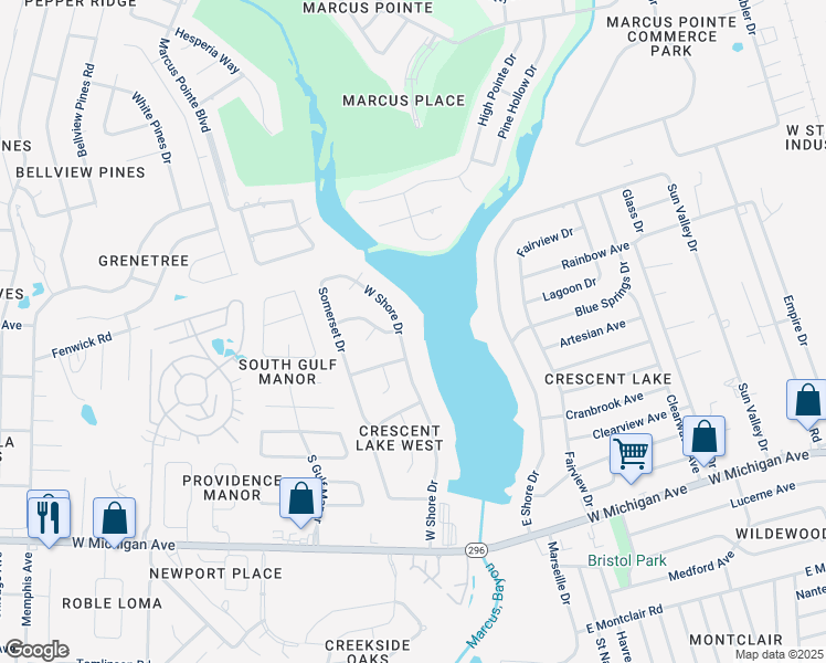 map of restaurants, bars, coffee shops, grocery stores, and more near 5894 West Shore Drive in Pensacola