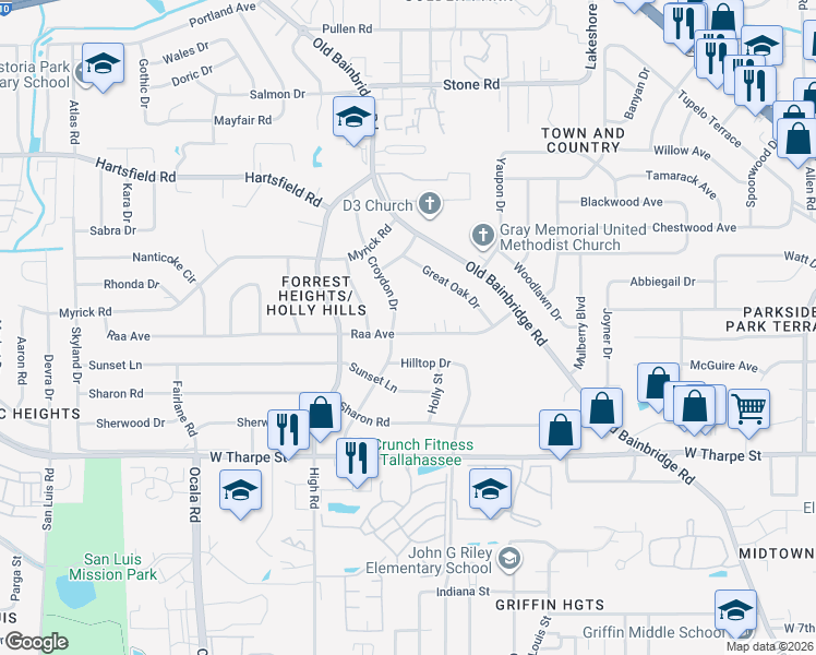 map of restaurants, bars, coffee shops, grocery stores, and more near 2102 Croydon Drive in Tallahassee