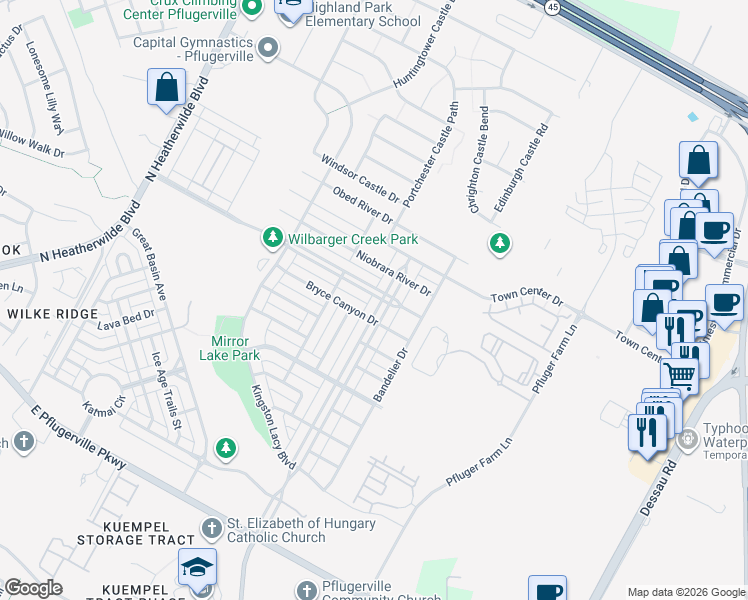 map of restaurants, bars, coffee shops, grocery stores, and more near 18510 Mammoth Cave Boulevard in Pflugerville