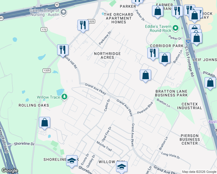map of restaurants, bars, coffee shops, grocery stores, and more near 16014 Travesia Way in Austin