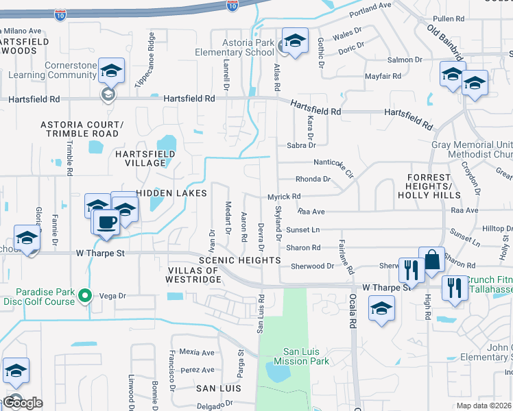 map of restaurants, bars, coffee shops, grocery stores, and more near 1840 Devra Drive in Tallahassee