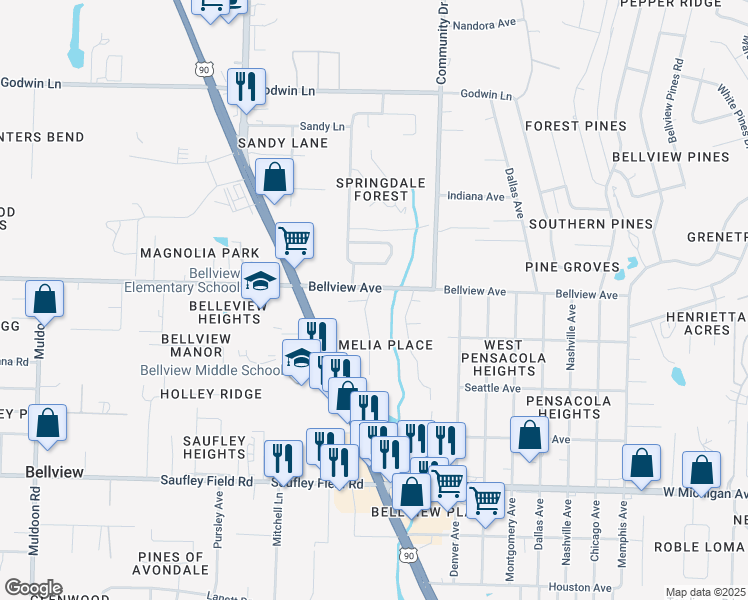 map of restaurants, bars, coffee shops, grocery stores, and more near 6392 Mers Lane in Pensacola