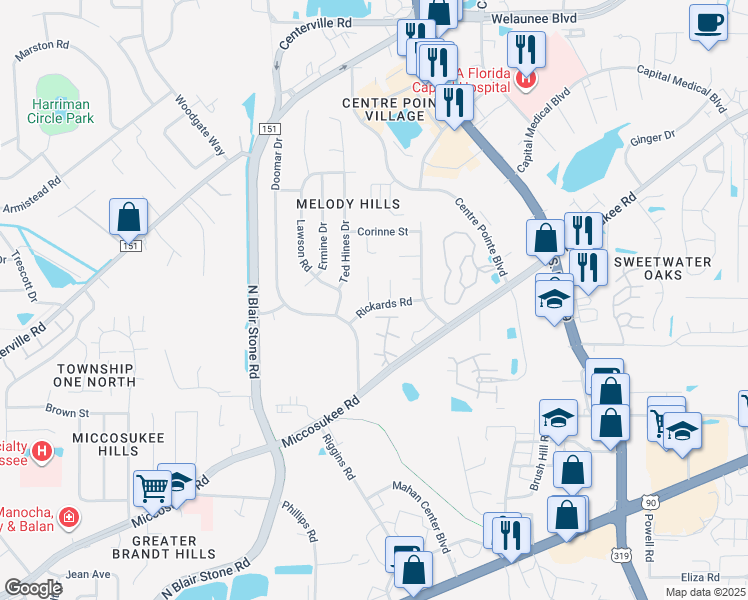 map of restaurants, bars, coffee shops, grocery stores, and more near 2012 Rickards Road in Tallahassee