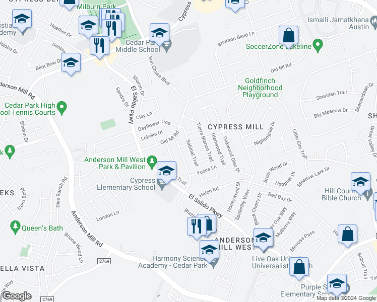 map of restaurants, bars, coffee shops, grocery stores, and more near 2704 Sabinal Trail in Cedar Park