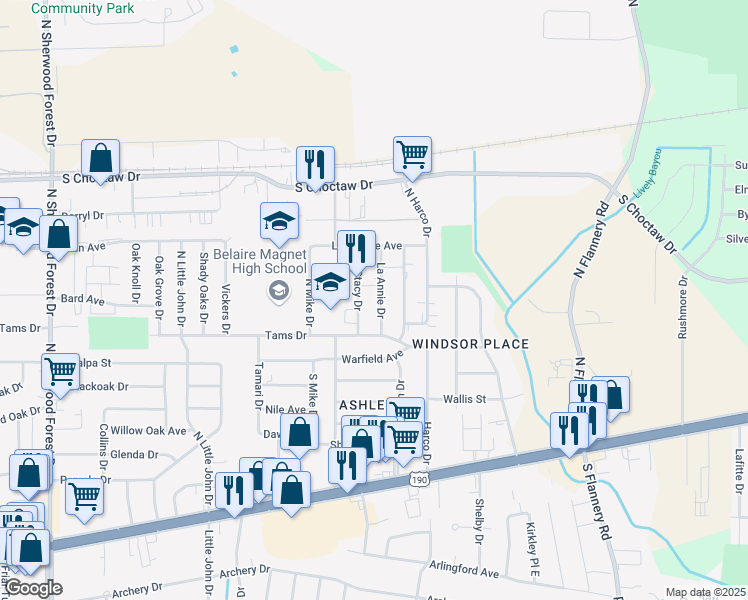 map of restaurants, bars, coffee shops, grocery stores, and more near 1637 La Annie Drive in Baton Rouge
