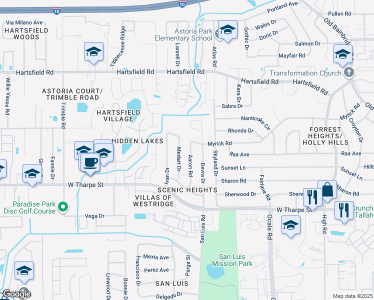 map of restaurants, bars, coffee shops, grocery stores, and more near 1824 Aaron Road in Tallahassee