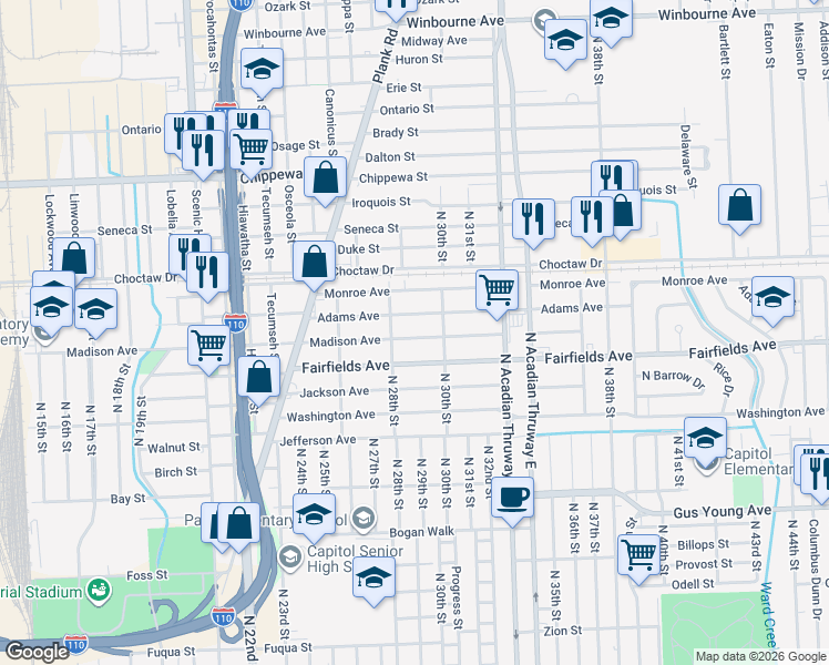 map of restaurants, bars, coffee shops, grocery stores, and more near 2915 Madison Avenue in Baton Rouge