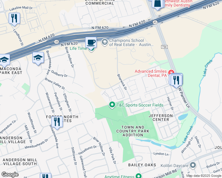 map of restaurants, bars, coffee shops, grocery stores, and more near 9239 Amberglen Boulevard in Austin