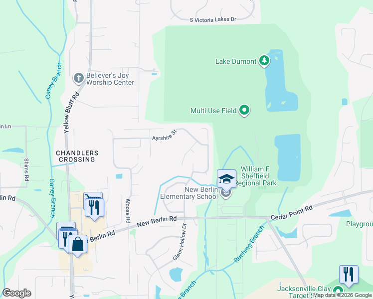 map of restaurants, bars, coffee shops, grocery stores, and more near 12714 Brown Jersey Court in Jacksonville