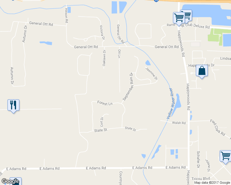 map of restaurants, bars, coffee shops, grocery stores, and more near 42335 Ott Lane in Hammond