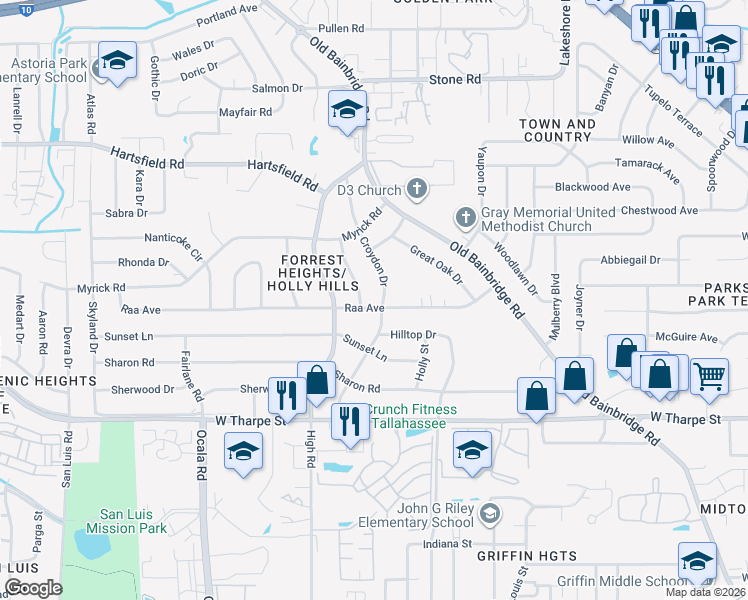 map of restaurants, bars, coffee shops, grocery stores, and more near 2102 Croydon Drive in Tallahassee