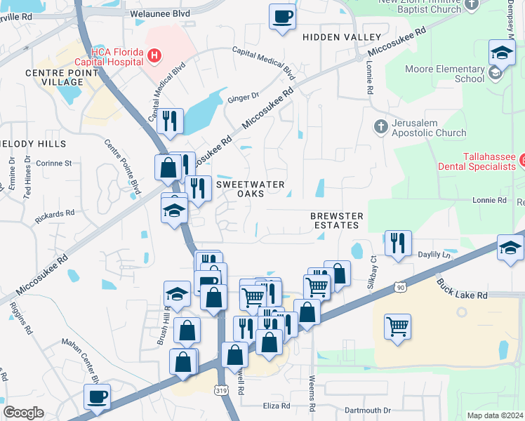 map of restaurants, bars, coffee shops, grocery stores, and more near 2556a Panther Creek Road in Tallahassee