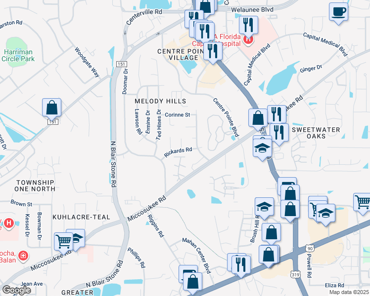 map of restaurants, bars, coffee shops, grocery stores, and more near 2002 Sandcastle Drive in Tallahassee