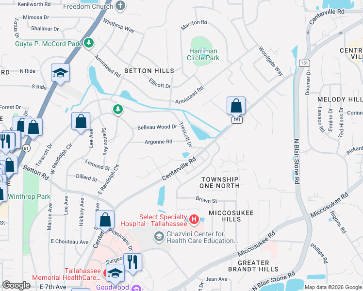 map of restaurants, bars, coffee shops, grocery stores, and more near 2321 Trescott Drive in Tallahassee