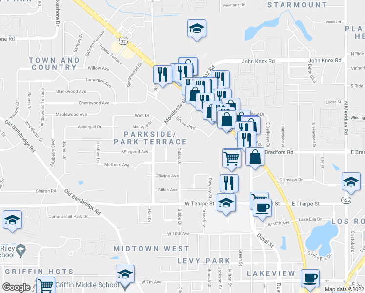 map of restaurants, bars, coffee shops, grocery stores, and more near 638 Muriel Court in Tallahassee