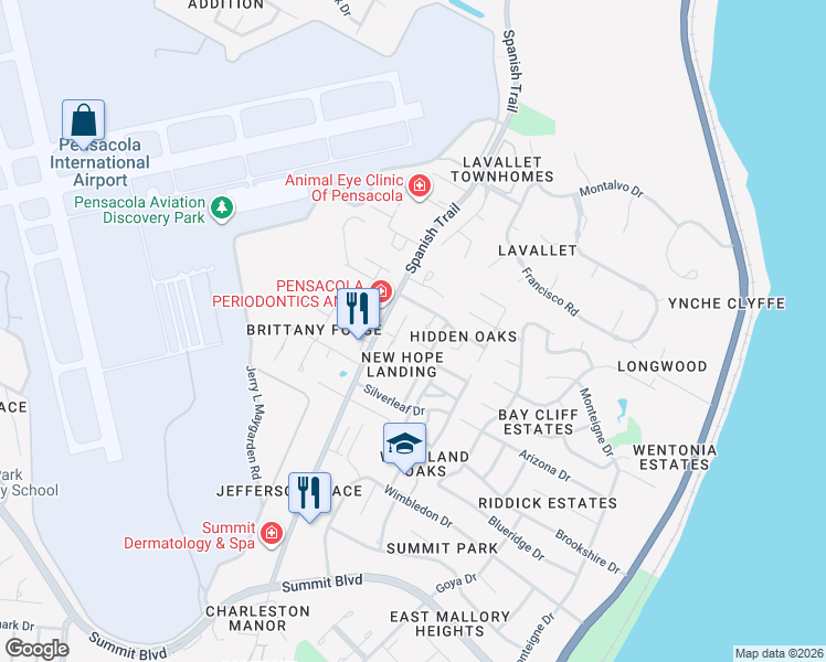 map of restaurants, bars, coffee shops, grocery stores, and more near 3310 Montessori Place in Pensacola