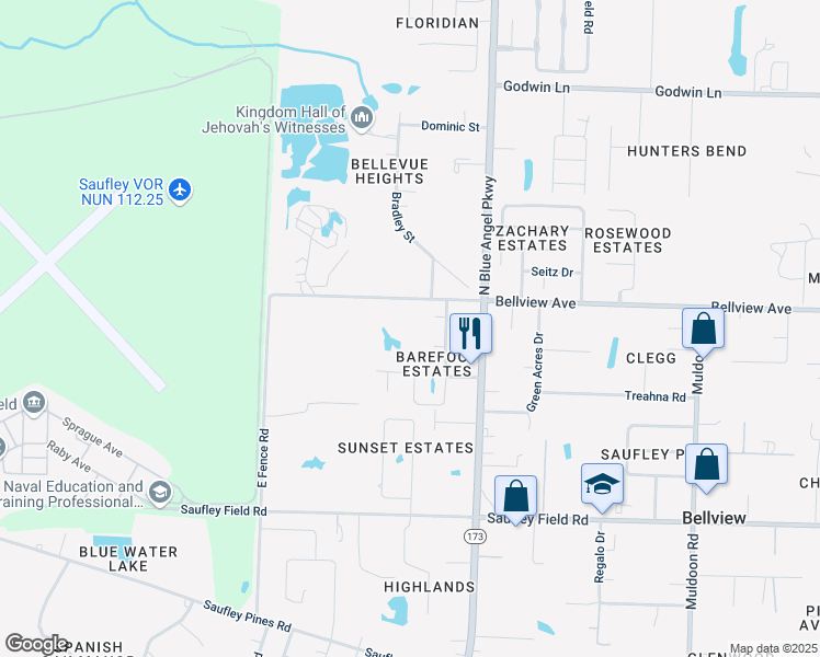 map of restaurants, bars, coffee shops, grocery stores, and more near 5465 Bellview Avenue in Pensacola
