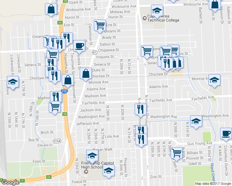 map of restaurants, bars, coffee shops, grocery stores, and more near 2915 Madison Avenue in Baton Rouge
