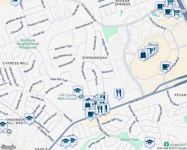 map of restaurants, bars, coffee shops, grocery stores, and more near 3206 White Post Drive in Cedar Park