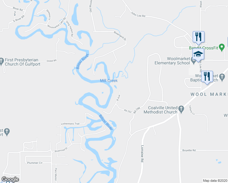map of restaurants, bars, coffee shops, grocery stores, and more near 10262 Road 252 in Biloxi