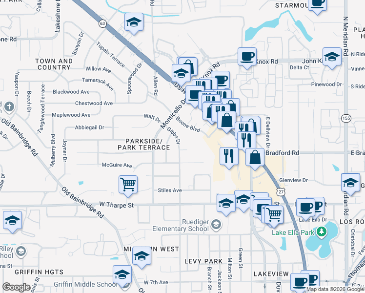 map of restaurants, bars, coffee shops, grocery stores, and more near 638 Muriel Court in Tallahassee